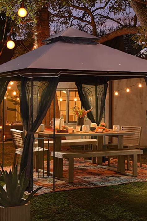 Summer is here! The Gazebo Canopy with Netting can protect you from mosquito bites and sunlight. Plus it's waterproof! #Outdoorliving #Summer #Ad Canopy Garden, Retractable Pergola Canopy, Waterproof Gazebo, Garden Tent, Party Backyard, Louvered Pergola, Outdoor Gazebo, Retractable Pergola, Backyard Canopy