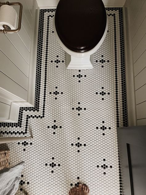 Before and After: Our Powder Room Reveal | We're the Whites Classic Powder Room, Penny Tiles Bathroom, Elegant Powder Room, Penny Tile Floors, Penny Tile, Powder Room Small, Small Bathroom Makeover, Room Small, Upstairs Bathrooms