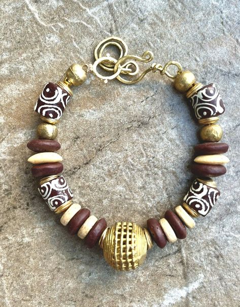 Tribal Boho Bracelet Ghanaian Recycled Glass African Tribal Lost Wax Brass African Glass Beads, Ghanaian Beads Bracelets, African Bead Jewelry, Terracotta Diy, African Beaded Jewelry, Kids Bead Bracelet, African Beaded Bracelets, African Bracelet, Bohemian Chic Jewelry