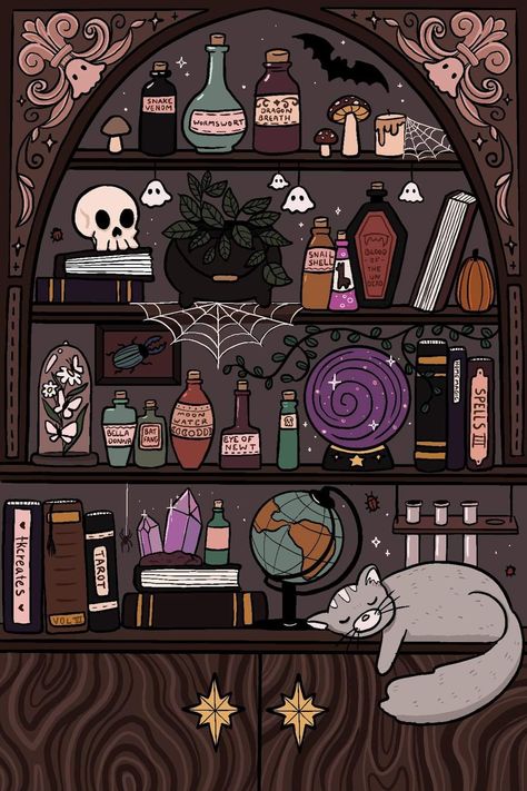 Witchy Pattern Wallpaper, Spooky Bookshelf Drawing, Witchy Shelf Drawing, Halloween Bookshelf Wallpaper, Halloween Decorations Bookshelf, Witchy Bookshelf Drawing, Spooky Bookshelf Painting, Cute Witchy Aesthetic, Empty Bookshelf Wallpaper Iphone