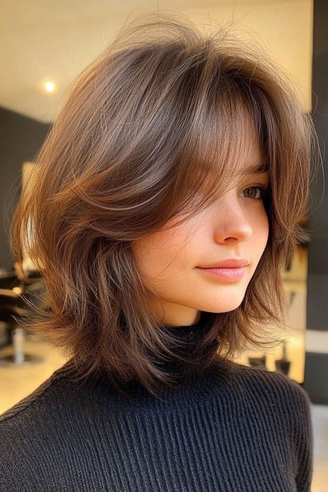 Feathered Brunette Layers, Trendsetting Tousled Layers Feather Cut Short Hair, Feathered Layers Short Hair, Feather Cut For Short Hair, Feathers Haircut, Brunette Layers, Brown Balayage Bob, Tousled Layers, Butterfly Hairstyle, Feathered Layers