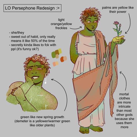 Underworld Character Design, Lore Olympus Redesign, Modern Persephone Aesthetic, Greek Mythology Character Design, Greek Mythology Dnd, Greek Persephone, Zeus Character Design, Hades Character Design, Lore Olympus Oc