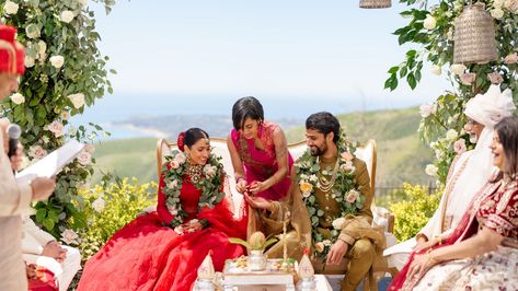 At this beautiful interfaith wedding, Hindu and Muslim customs came together in Malibu | Vogue India Muslim Wedding Ceremony, Neil Bhatt, Wedding Hindu, Mandap Design, Interfaith Wedding, Modern Indian Wedding, Mandap Decor, Malibu Wedding, Wedding Mandap