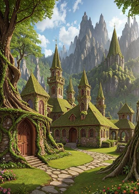 Solarpunk Town, Solarpunk Village, Fantasy World Inspiration, Elven City, Spine Tattoo Ideas, Miniature Village, Fantasy Village, Pelan Rumah, Fantasy Town