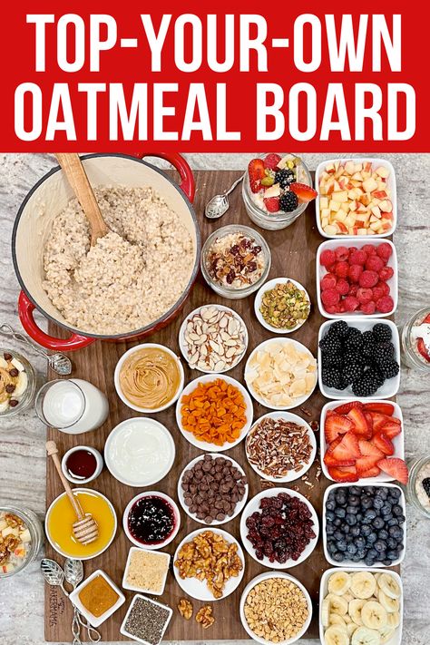 This Top-Your-Own Oatmeal Board takes wholesome oatmeal and adds an array of delicious toppings for a creative, customized breakfast everyone will love. Oatmeal Bar For Brunch, Oatmeal With Toppings, Oatmeal Toppings Bar Ideas, Oatmeal Bar Toppings, Oatmeal Bar For Party, Oatmeal Charcuterie Board, Quick Oatmeal Breakfast Recipes, Oatmeal Topping Bar, Oatmeal Buffet Bar