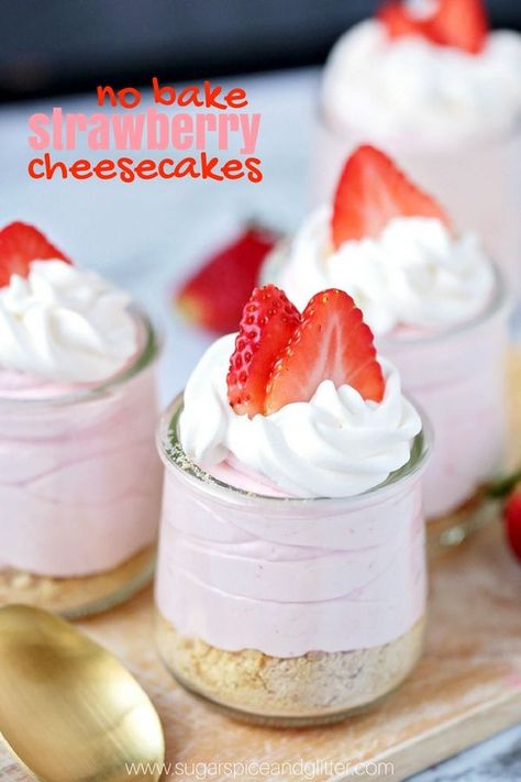 Delicious no-bake strawberry cheesecakes are a simple summer dessert that kids can help make! Strawberry Cheesecakes, Recipes Kids Can Make, No Bake Summer Desserts, Strawberry Cheesecake Recipe, Dessert Recipes For Kids, Kid Desserts, Dessert Candles, Baked Strawberries, Easy No Bake Desserts