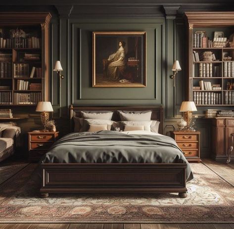 Moody Whimsical Decor, Southern Traditional Interior Design Bedroom, Country Manor Bedroom, Bridgerton Style Home Decor, Dark Sophisticated Bedroom, Academia Style Bedroom, Masculine Design Interior, Traditional Guest Bedroom Ideas, Old British House Interior