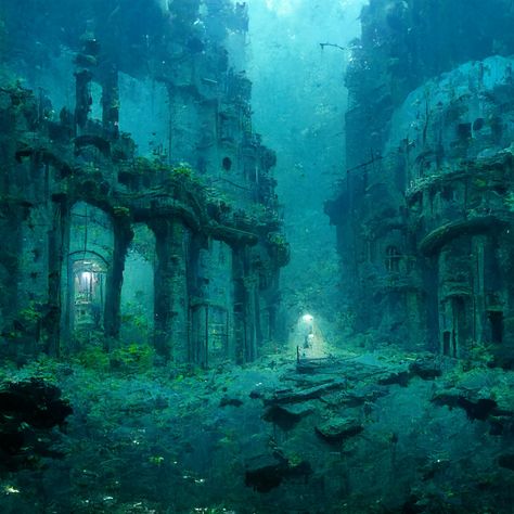 Gillion Tidestrider Aesthetic, Mermaid In Aquarium, Castle Under The Sea, Atlantis Painting, Alea Aquarius, City Under The Sea, Underwater Ruins, Underwater Sculpture, Ocean Paradise