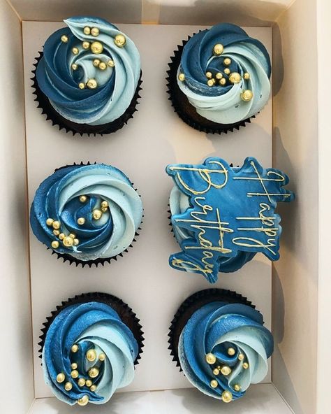 Blue Silver Gold Cupcakes, Blue And Gray Cupcakes, Cupcakes For A Mans Birthday, 18th Bday Cupcake Ideas, Men Cupcakes Ideas, Cupcakes Men Birthday, Cupcakes For Him Birthday, 25th Birthday Cupcakes For Him, Cupcake Decoration For Men