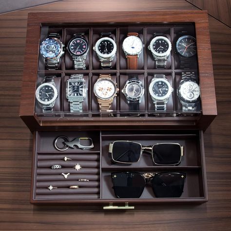 KAMIER 12 Slots Watch Box Case Organizer Display for Men,Two-Tier Wooden Watch Box Organizer For Men with watch holder and Drawer,Walnut Color:Walnut Watches Storage Ideas, Watch Drawer Organizer, Watch Organizer Drawer, Watch Drawer In Wardrobe, Bedroom Accessories For Men, Watch And Jewelry Storage, Watch Holder For Men, Watch Case For Men, Watch Display Ideas