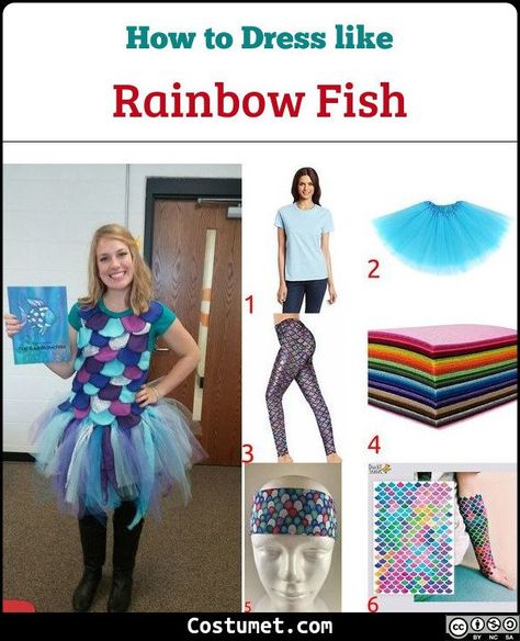 The Rainbow Fish costume is a myriad of colors but stick to blues, greens, and pinks. You can even wear temporary scale tattoos for an added effect.             #books #male #female #books #rainbow #fish The Rainbow Fish Costume, Fish Costume Kids, Diy Fish Costume, Rainbow Fish Costume, Scale Tattoos, Book Characters Dress Up, The Rainbow Fish, Book Character Day, Character Dress Up