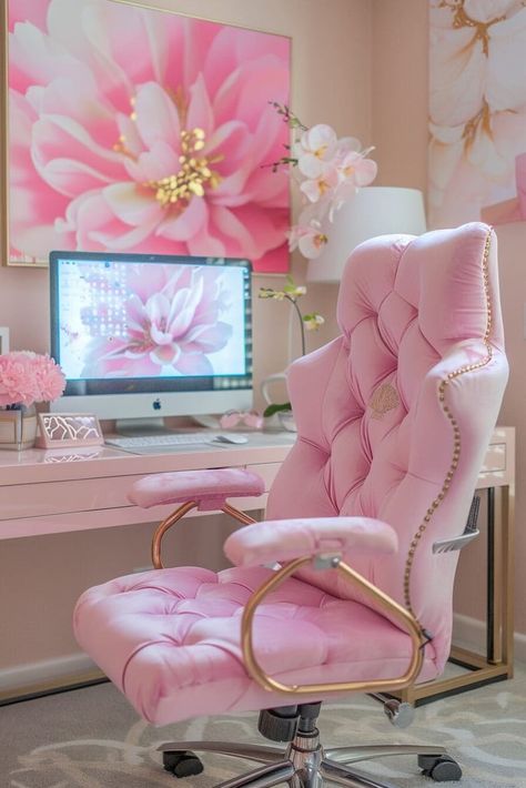 25 Chic and Feminine Home Office Ideas Tailored for Women Office Arrangement, Feminine Home Office, Feminine Home Office Ideas, Princess Chair, Pink Office Decor, Feminine Home, Feminine Home Offices, Pink Office, Office Room Decor