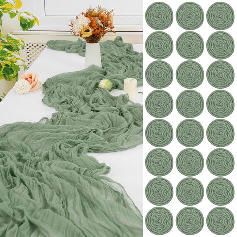 PRICES MAY VARY. 100%cheesecloth 【What You Will Receives】:You will get 24 pack sage green cheesecloth table runner, cotton and linen tablecloth runner size approx.20" W x 120" L. 10FT long wrinkled cheese cloth table runner for 3-6FT long rectangular and round tables or other shaped tables. Cheesecloth table runner can bring the most out of your table to impress guests and bring a flair to your dining space. 【High-quality Material】:The sage green table runner is made from premium cheesecloth wit White Table Cloth With Sage Green Runner, Sage Green Cheesecloth Table Runner Round Table, Sage Green Gold And White Graduation Party, Rustic Green Wedding Decor, Sage Green Dusty Blue Wedding, Sage And Cream Wedding, Sage Green Fall Wedding, Sage Green Cheesecloth Table Runner, Green And White Wedding Decor