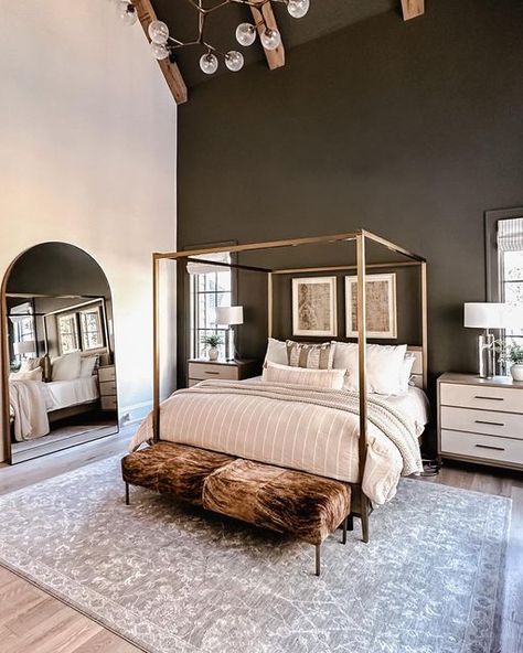 Arhaus on Instagram: "Glam and gleaming for dreaming. 🛌🏽 Sleek lines and bold details give way to one gorgeous retreat. And the accent wall is a vibe for sure. @ourfauxfarmhouse" Boutique Rugs, Moody Bedroom, Farmhouse Bedroom, Rustic Bedroom, Dream Bedroom, Minimalist Bedroom, Bedroom Inspo, Luxurious Bedrooms, Monterey