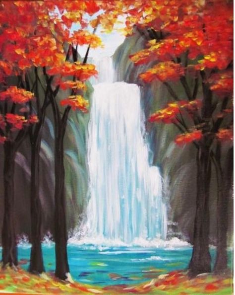 Easy Landscape Paintings, Fall Canvas Painting, Scenery Art, Waterfall Paintings, Paint Canvas, Nature Scenery, Easy Canvas Painting, Paint Acrylic, Seni Cat Air