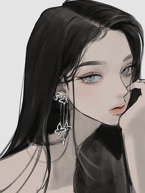 Eriol_s on twitter!! Black Hair And Blue Eyes, 얼굴 드로잉, 얼굴 그리기, Seni Cat Air, Gambar Figur, Digital Art Anime, Girls Cartoon Art, Digital Art Girl, Art Inspiration Drawing