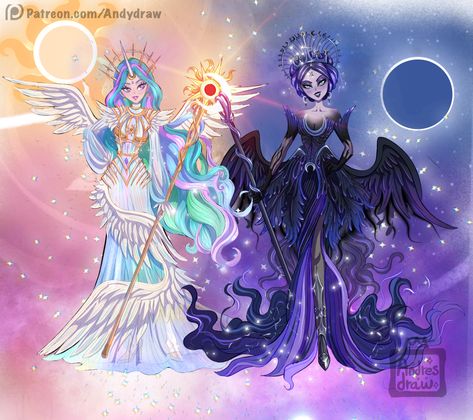 Tell me your favorite🌑🌟 The epic showdown is here! 🌟🌑 Princess Celestia and Nightmare Moon face off in a titanic battle that darkens the sky and unleashes a spectacular eclipse. 🌞🌚✨   #pinkiepie #applejack #rarity #brony #art #mlpg #friendshipismagic Princess Luna Redesign, Nightmare Moon Human, Nightmare Moon Fanart, Princess Celestia And Luna, Princess Celestia Human, Celestia Human, Rarity Human, Celestia And Luna, Nightmare Moon