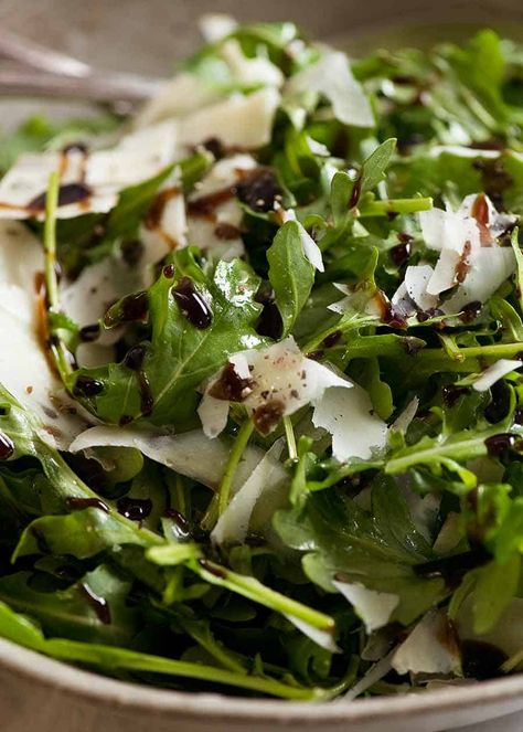 Rocket Salad with Balsamic Dressing and Shaved Parmesan | RecipeTin Eats Salad Starters, Power Greens, Parmesan Salad, Salad With Balsamic Dressing, Arugula Recipes, Shaved Parmesan, Green Salads, Rocket Salad, Yummy Salads