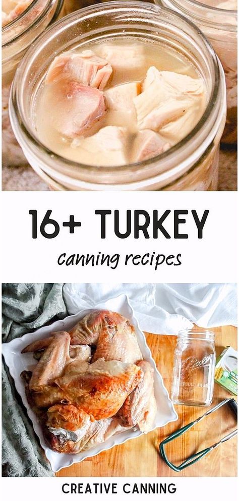 Dive into these 16+ turkey canning recipes, a key component of home canned meats recipes. Whether you're dealing with leftover turkey or just bought turkey in bulk, these recipes have you covered. From canning turkey meat to making broth, soup, pot pie filling, and stock from the carcass, they're adaptable for both cooked and raw turkey. Explore more pressure canning recipes, canning meals in jars, and meal canning recipes at creativecanning.com Turkey Soup For Canning, Canning Turkey Recipes, Canning Turkey Pot Pie Filling, How To Can Soup With Meat, Pressure Canned Chicken Recipes, Canning Turkey Soup Recipes, Home Canned Soup Recipes, Canning Turkey Meat, Canning Meat Recipes