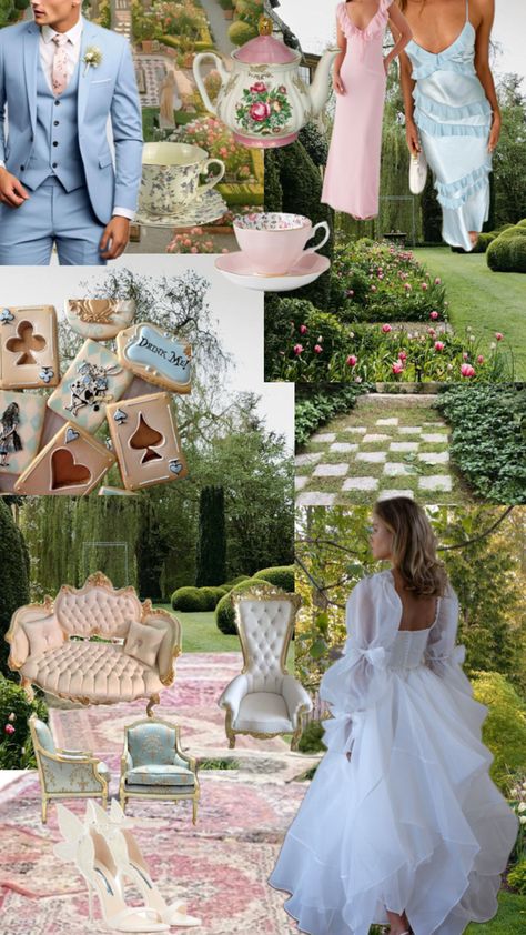 Blue and pink, tea party wedding, flowy dress, eat me cookies, tea cups, tea pots High Class Tea Party Outfit, High Tea Aesthetic Outfit, Bride Tea Party Outfit, Royal Tea Party Outfit, High Tea Fashion, Tea Party Wedding Theme, Eat Me Cookies, Afternoon Tea Outfit, Tea Party Outfits For Women