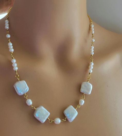 Elegant Gold and Pearl Necklace Cultured White Square and Rice Pearls High Luster Handwired Special Occasion Jewelry for Women - Etsy UK Pearl Necklace Clasp, Gold And Pearl Necklace, Rice Pearls, Beads Work, Pearl Gifts, Special Occasion Jewelry, Necklace Clasps, Focal Beads, Cultured Pearl Necklace