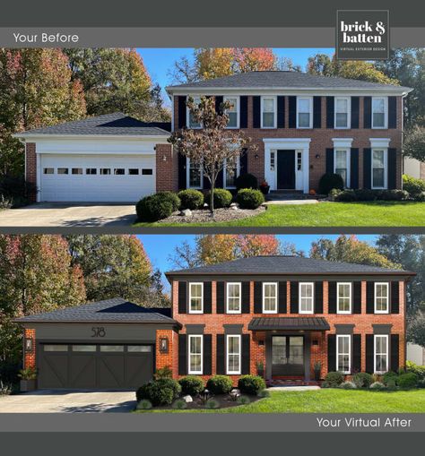 Black Shutters On Red Brick House, Modern Red Brick House Exterior Ideas, Red Brick House With Awnings, Red Brick House Exterior White Windows, Red Brick House With Dark Trim, Red Brick House Exterior Colors Schemes Colonial, Exterior Shutter Colors On Brick, Black Windows On Red Brick House, Red Brick House Hydrangeas