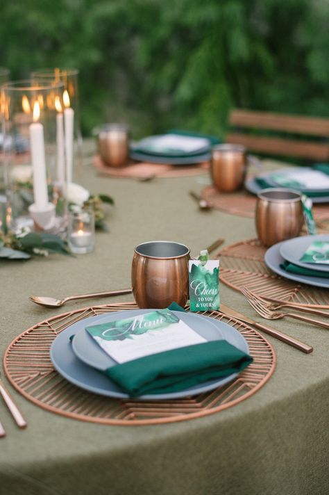 A Modern Copper and Green Holiday Party via TheELD.com Copper Table Decor, Copper And Forest Green Wedding, Copper And Sage Green Wedding, Green And Copper, Emerald Green And Copper Wedding, Copper And Emerald Wedding, Copper Table Setting, Copper And Green Wedding, Green And Copper Wedding