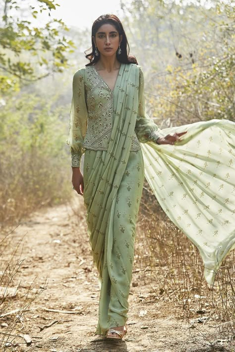 Buy Sana Barreja Green Georgette Rumeha Pre-draped Saree And Jacket Set Online | Aza Fashions Mint Green Fabric, Saree Jackets, Long Blouse Designs, Stitched Saree, Saree Blouse Patterns, Drape Saree, Designer Saree Blouse Patterns, Balloon Sleeve Blouse, Sari Blouse