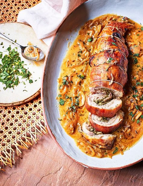 Roll this great-value cut of lamb with mustard and herbs then bake until soft and tender so it falls apart into the white wine onion gravy Lamb Breast Recipe, Best Lamb Recipes, Rolled Roast, Slow Roast Lamb, Roast Lamb, Slow Cooked Lamb, Lamb Dishes, Good Roasts, Lamb Roast