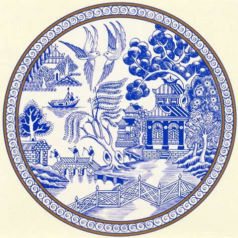 'Two birds flying high,  A Chinese vessel, sailing by.  A bridge with three men, sometimes four,  A willow tree, hanging o'er.  A Chinese t... Pj Ideas, Chinoiserie Plate, Blue Willow China Pattern, A Willow Tree, Blue Willow Dishes, Pattern Tattoos, Blue Willow China, Carved Eggs, Chinese Temple