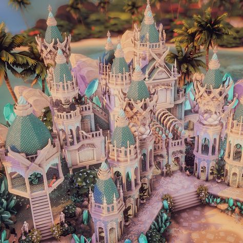 🧜🌴 Sulani Mermaid Temple 🌴🧜‍♀️ The holy Mermaid Temple is surrounded by white rocks and large palm trees. All around, the mermaids splash around in the water, enjoy the sun, lie in the warm sand and enchant listeners with their lovely singing. In this sacred place all mermaids meet, their iridescent scales glitter in the sun and their breathtaking sight beguiles mortals. But be warned, this place is only for magical creatures, anyone who went to the temple never came back... This build is i... Sims 4 Cruise Ship, Mermaid House Sims 4, Sims 4 Mermaid House, Mermaid Village, Fantasy Mansion, Bloxburg Wallpaper, Mermaid Palace, Book Locations, Large Beach House