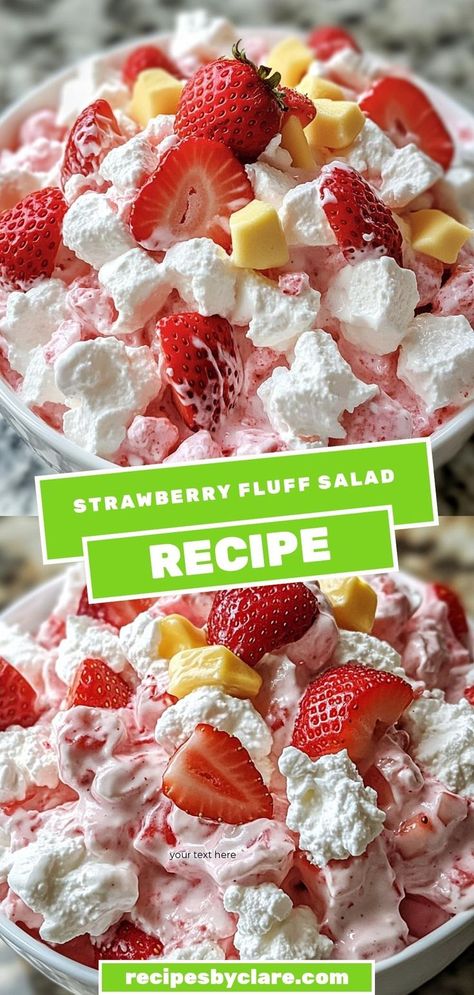 Treat yourself to the indulgent Strawberry Fluff Salad, a creamy and fruity delight that's perfect for any occasion. With fresh strawberries, mini marshmallows, and juicy pineapple folded into a luscious mixture of sour cream and whipped topping, this salad is sure to satisfy your sweet tooth. Ingredients: 1 cup sour cream 1 cup mini marshmallows 2 cups fresh strawberries, hulled and sliced 1/2 cup whipped cream (or Cool Whip) Marshmallow Fluff Recipes Desserts, Strawberry Fluff Salad, Strawberry Jello Dessert, Fluff Salads, Marshmallow Fluff Recipes, Fluff Salad Recipes, Strawberry Fluff, Jello Salads, Strawberry Dishes