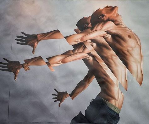 American artist James Bullough presents a collection of disjointed figurative characters, fragmenting into their surrounding space. Based in Berlin, the accomplished painter understands how to integrate detail, motion, and color to create dynamic, impressionistic works. His newest series, Breaking Point, features an ensemble of distorted, yet thoroughly complete images, as he explores the human psyche and intrinsic physicality that is the mind-body connection. Working with dancers from Berlin... Distortion Art, Epic Hero, Art Theme, Gcse Art, A Level Art, Human Art, Figurative Art, American Artists, Urban Art