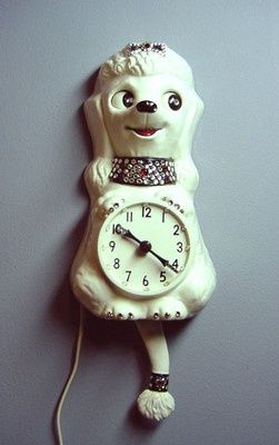 Kit Cat Clock's made a dog Novelty Clocks, Kit Cat Clock, White Poodle, Cat Clock, Vintage Poodle, Kitchen Clocks, Cool Clocks, Pink Poodle, Vintage Kitsch