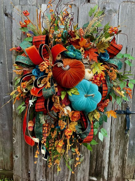 Fall Decor, Fall Wreath, X-Large Fall Wreath, Autumn Wreath, Fall Wreath for Front Door, Designer Ribbons (L) 46 (W) 31 Designed on an Evergreen Wreath Base with Deco Mesh added for Fullness and Color. There are 2 Large Velvet Pumpkins Surrounded By a Gorgeous Bow made with Designer Ribbons. There is a 4' Burnt Orange with Black Stripes, a Black Velvet with Gold Backing, a Teal with Bronze Ribbon and an Orange Velvet. There are Loads of Orange Berries, Fall Florals, Fall Leaves, Small Cream Glit Elegant Fall Wreaths For Front Door, Thanksgiving Wreaths For Front Door, Fall Reefs For Doors, Thanksgiving Wreath, Fall Crafts Decorations, Elegant Fall Wreaths, Fall Decor Wreaths, Evergreen Wreath, Glitter Pumpkins