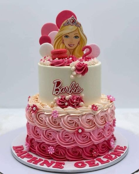 2 Tier Floral Cake, Barbie Cake Designs, Barbie Cupcakes, Barbie Doll Birthday Cake, 7th Birthday Cakes, Barbie Birthday Cake, Bolo Barbie, Barbie Doll Cakes, Love At First Bite