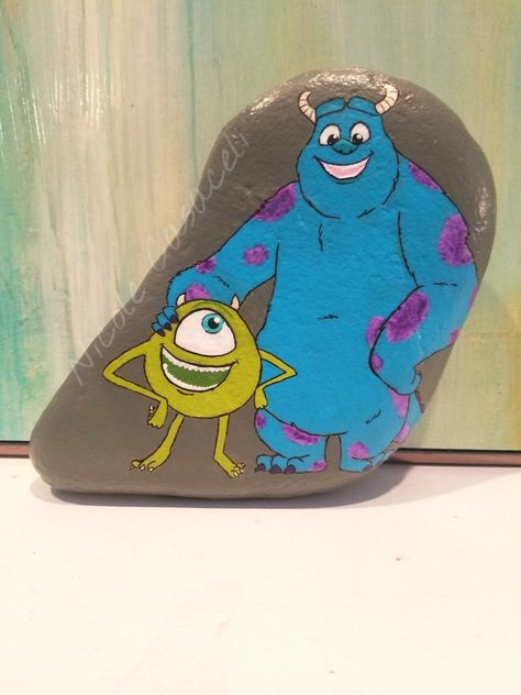 Monsters Inc Painted Rocks, Sully Rock Painting, Stone Painting Ideas On Canvas, Sully And Mike, Stone Painting Ideas, Monsters Inc Characters, Mike And Sully, Rock Aesthetic, Painting Aesthetic