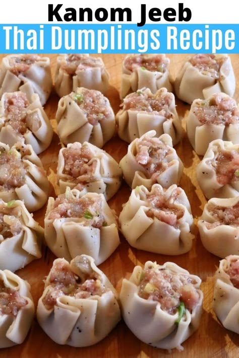 Learn how to make the best homemade Kanom Jeeb. Our authentic and traditional Thai Steamed Dumplings recipe is a popular dim sum menu item in Thailand. Wontons are stuffed by hand with a pork and shrimp filling, similar to Chinese Siu Mai. The Thai Dumplings are cooked over boiling water in a bamboo steamer then served with a spicy dipping sauce. Thai Dim Sum, Pork Dim Sum Recipes, Steamed Wonton Recipes, Shrimp Dumpling Filling, Dumping Recipes, Shui Mai, Vietnamese Dumplings, Steamed Dumplings Recipe, Shrimp Dumplings Recipe