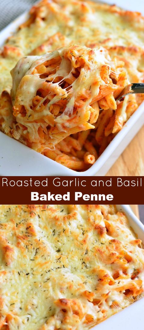 Homemade Basil Roasted Garlic Baked Penne! Pasta bake made with easy tomato sauce and lots of cheese. This easy homemade spaghetti sauce is made with aromatic roasted garlic and fresh basil. #pasta #penne #pastabake #pastacasserole #tomatosauce #pastasauce #spaghettisauce #rostedgarlic Penne Pasta Bake, Homemade Spaghetti Sauce Easy, Baked Penne Pasta, Garlic Baked, Penne Pasta Recipes, Baked Penne, Pasta Penne, Pastas Recipes, Easy Tomato Sauce