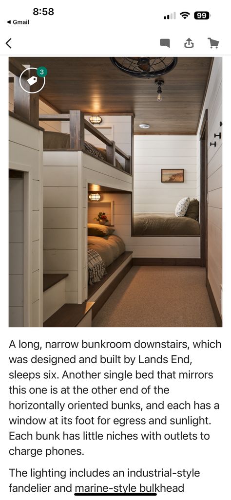 Like each bunk light, phone charging nook and built in bunks (save room?) Alcove Bunk Beds Built Ins, Bunk Room With Privacy, Bunk Rooms For Adults, Beach House Bunk Beds, House Bunk Bed, Built In Bunks, Bunk Rooms, Bunk Beds With Stairs, Save Room