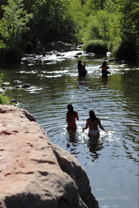 Cliff jumping in the creek and swimming Playing In The Creek Aesthetic, Creek Swimming Aesthetic, Summer Hang Out Ideas, Creek Swimming, Creek Aesthetic, Swimming Nature, Lake Swimming, Hanging Out With Friends, River Pictures