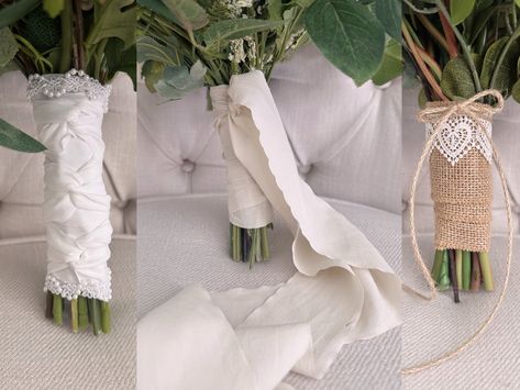 This add-on listing is perfect for the bride who enjoys the little details that make your day magical! With 18 different ribbon options, we can work together to create a stunning stem wrap design for your bouquet. You may choose up to 3 units of ribbon to use for the stem wrap. Popular designs include: burlap and lace, satin and satin (in a woven pattern), lace and twine, and the silk-blend base with trailing length among many, many other combinations. The options are nearly endless! If you are purchasing a bouquet from me, I will wrap your stem with your selection!  If you are purchasing this separately for your own bouquet, what you will be receiving is a length of ribbon that will be enough to wrap one bouquet (approximately 24 inches for the base ribbon and 10 inches for the trim,  plu How To Wrap A Bouquet With Ribbon, Wedding Bouquet Ribbon Wrap, Bridal Bouquet Wrap, Wedding Bouquet Ribbon, Bouquet Wrapping, Burlap And Lace, Ribbon Bouquet, Custom Bouquet, Bridal Wrap