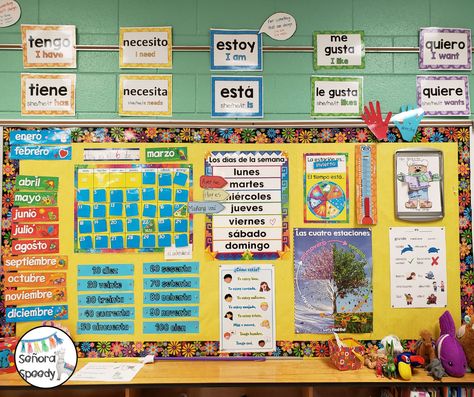 Señora Speedy: Calendar Time in the Elementary Spanish Classroom Part One Spanish Bulletin Board Ideas, Spanish Classroom Door, Language Classroom Decor, Elementary Spanish Classroom, Teacher Decorations, Spanish Immersion Classroom, Spanish Teacher Classroom, Spanish Doors, Spanish Education