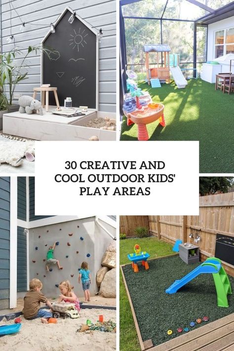 creative and cool outdoor kids' play areas cover Mini Outdoor Play Area, Outdoor Play Space Ideas, Backyard Rubber Play Area, Budget Outdoor Play Area, Carport Play Area, Outdoor Playroom Ideas, Outside Daycare Ideas Play Areas, Easy Diy Outdoor Play Area, Outdoor Deck Play Area