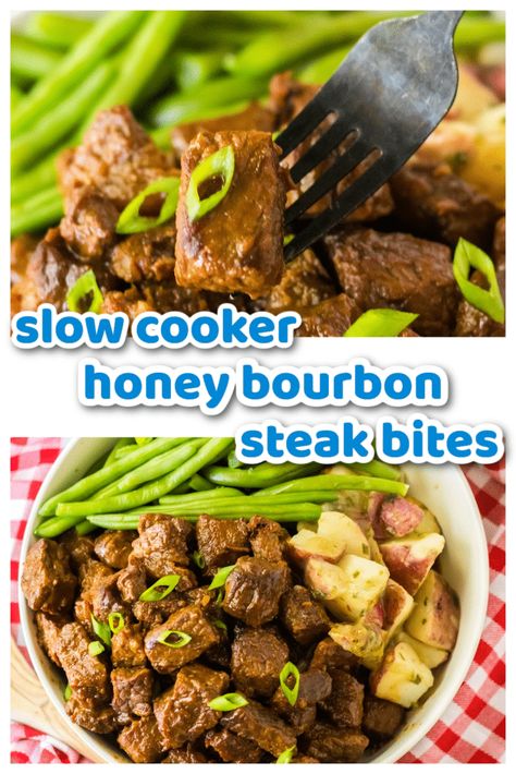 These Slow Cooker Honey Bourbon Steak Bites are amazing!! A perfect quick dinner full of flavor! Steak bites slow cook until tender in a sweet and savory sauce made from honey, bourbon, soy sauce, worcestershire sauce, garlic, ketchup and a little brown sugar. These are delicious and always a crowd pleaser! Bourbon Steak Bites, Bourbon Steak, Slow Cooker Steak, Honey Bourbon, Slow Cooker Pasta, Slow Cooker Desserts, Savory Food, Slow Cooker Dinner, Slow Cook