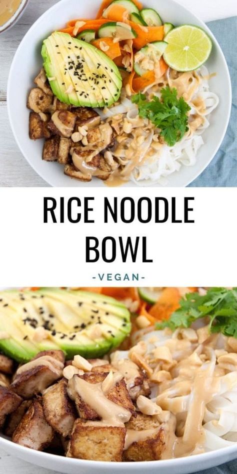 Tofu & Rice Noodle Bowl with Peanut Sauce | Elephantastic Vegan Noodle Bowl With Peanut Sauce, Rice Noodle Bowl, Vegan Bowl Recipes, Tofu Rice, Noodle Bowls Recipes, Rice Noodle Recipes, Vegan Rice, Rice Noodle, Noodle Bowl