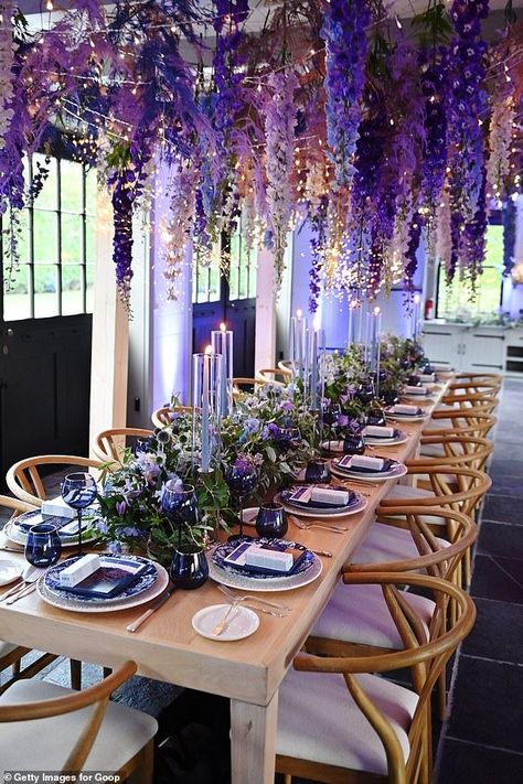 Flowers Hanging Over Table Wedding, Fake Flowers Hanging From Ceiling Bedroom, Purple Flowers Hanging From Ceiling, Lavender Hanging From Ceiling, Hanging Flowers Over Table, Ceiling Flower Decoration, Flower Hanging From Ceiling, Over Table Hanging Decorations, How To Hang Flowers From Ceiling