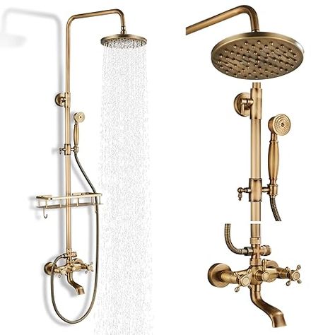 Antique Brass Shower Fixtures, Brass Shower Fixtures, Outdoor Shower Fixtures, Oil Rubbed Bronze Bathroom, Freestanding Tub Faucet, Bathroom Shower Faucets, Brass Shower, Shower Faucet Sets, Rainfall Shower Head