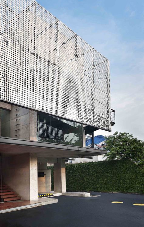 Ampera Six,© William Kalengkongan Metal Facade Architecture, Brass Facade Architecture, Metal Mesh Facade, Metal Mesh Facade Architecture, Industrial Hall, Perforated Metal Facade Detail, Building Elevation, Metal Facade, Library Architecture