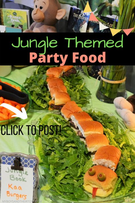 Jungle Book Movie Night Food, Jungle Theme Party Food Ideas, Rainforest Party Food, Snake Sandwich Birthday Parties, Jungle Snack Ideas, Jungle Party Foods, Jungle Themed Charcuterie Board, Zoo Theme Party Food, Jungle Journey Vbs Snacks